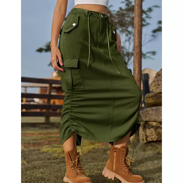 IDEALSANXUN Denim Cargo Skirt for Women 2023 Y2K High Waisted Drawstring Elastic Pencil Long Jean Skirts with Flap PocketArmy Green