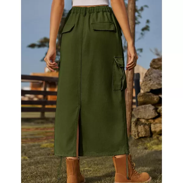 IDEALSANXUN Denim Cargo Skirt for Women 2023 Y2K High Waisted Drawstring Elastic Pencil Long Jean Skirts with Flap PocketArmy Green