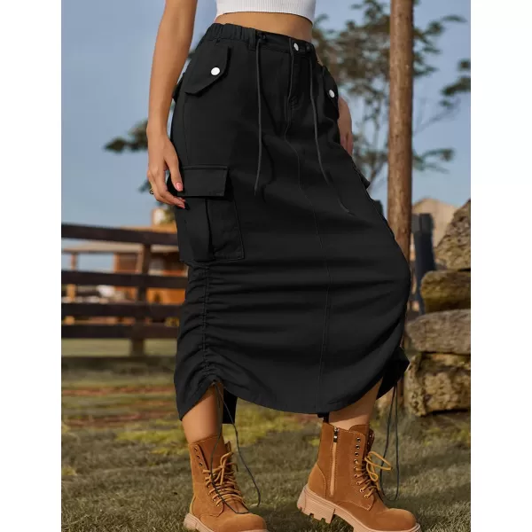 IDEALSANXUN Denim Cargo Skirt for Women 2023 Y2K High Waisted Drawstring Elastic Pencil Long Jean Skirts with Flap PocketBlack