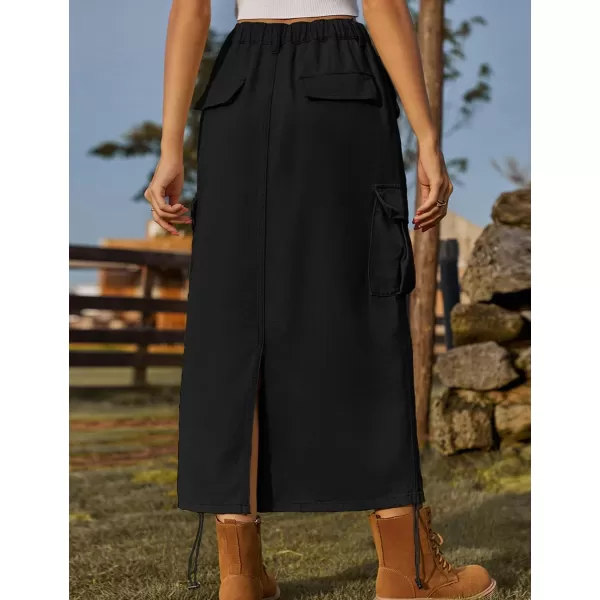 IDEALSANXUN Denim Cargo Skirt for Women 2023 Y2K High Waisted Drawstring Elastic Pencil Long Jean Skirts with Flap PocketBlack