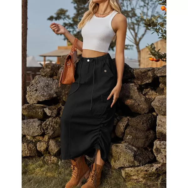 IDEALSANXUN Denim Cargo Skirt for Women 2023 Y2K High Waisted Drawstring Elastic Pencil Long Jean Skirts with Flap PocketBlack