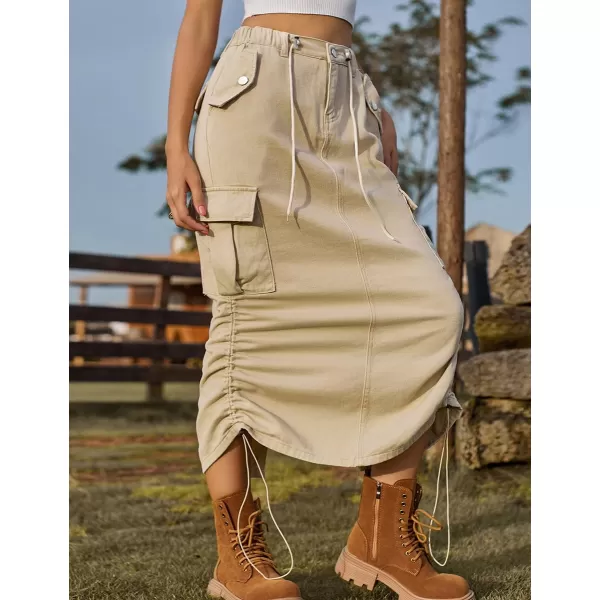 IDEALSANXUN Denim Cargo Skirt for Women 2023 Y2K High Waisted Drawstring Elastic Pencil Long Jean Skirts with Flap PocketKhaki