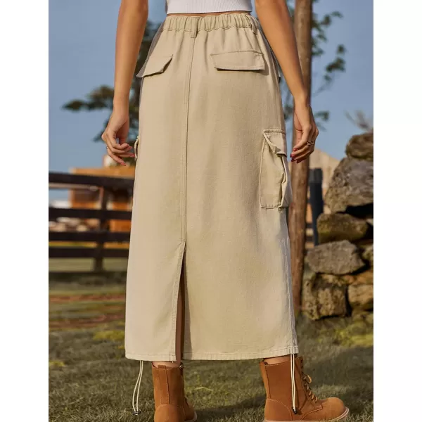 IDEALSANXUN Denim Cargo Skirt for Women 2023 Y2K High Waisted Drawstring Elastic Pencil Long Jean Skirts with Flap PocketKhaki