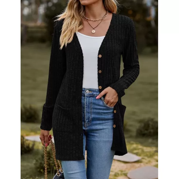 IDEALSANXUN Long Sweater Cardigan for Women V Neck Button Up Long Sleeve Ribbed Bodysuit Knit Sweater Jacket CoatBlack