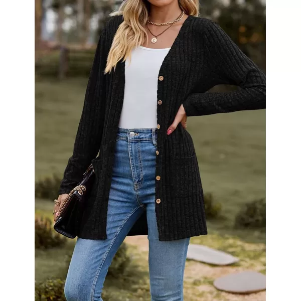 IDEALSANXUN Long Sweater Cardigan for Women V Neck Button Up Long Sleeve Ribbed Bodysuit Knit Sweater Jacket CoatBlack