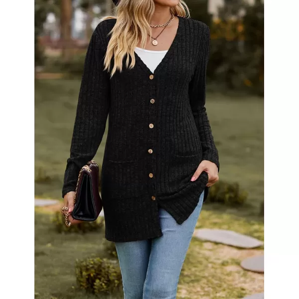 IDEALSANXUN Long Sweater Cardigan for Women V Neck Button Up Long Sleeve Ribbed Bodysuit Knit Sweater Jacket CoatBlack