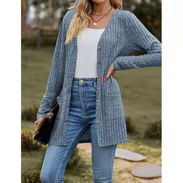 IDEALSANXUN Long Sweater Cardigan for Women V Neck Button Up Long Sleeve Ribbed Bodysuit Knit Sweater Jacket CoatBlue