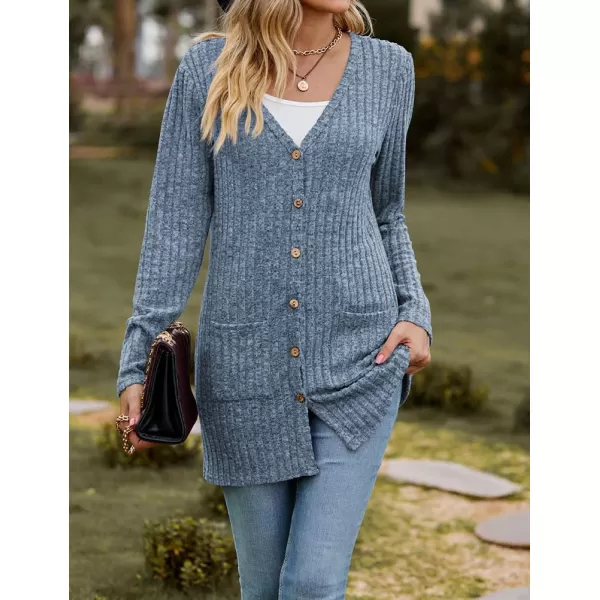 IDEALSANXUN Long Sweater Cardigan for Women V Neck Button Up Long Sleeve Ribbed Bodysuit Knit Sweater Jacket CoatBlue