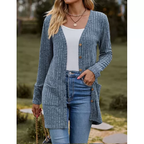 IDEALSANXUN Long Sweater Cardigan for Women V Neck Button Up Long Sleeve Ribbed Bodysuit Knit Sweater Jacket CoatBlue