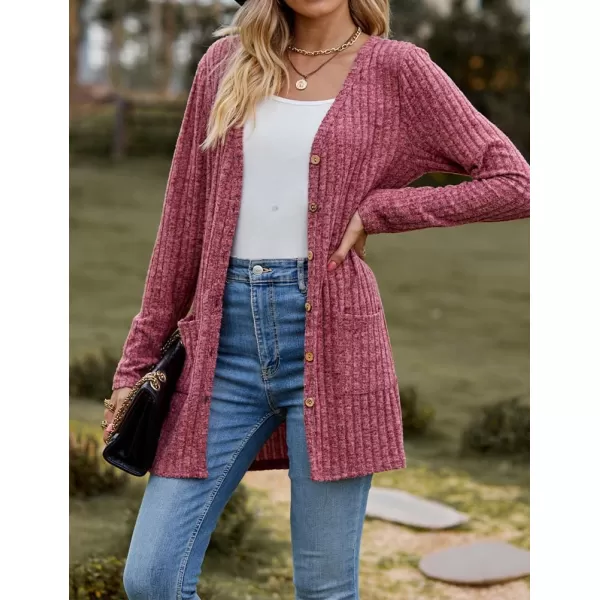 IDEALSANXUN Long Sweater Cardigan for Women V Neck Button Up Long Sleeve Ribbed Bodysuit Knit Sweater Jacket CoatWine