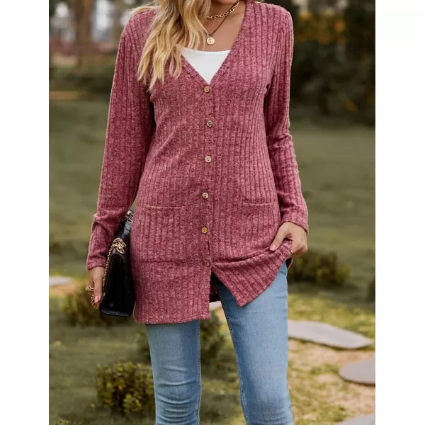 IDEALSANXUN Long Sweater Cardigan for Women V Neck Button Up Long Sleeve Ribbed Bodysuit Knit Sweater Jacket CoatWine