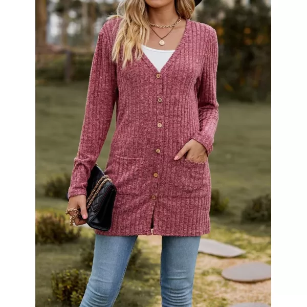 IDEALSANXUN Long Sweater Cardigan for Women V Neck Button Up Long Sleeve Ribbed Bodysuit Knit Sweater Jacket CoatWine