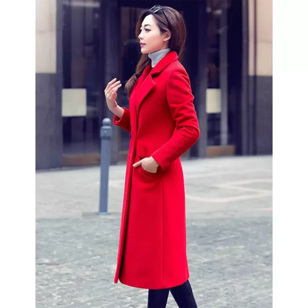 IDEALSANXUN Long Wool Coats for Women Fall Winter Coats Wool Jacket PeacoatRed