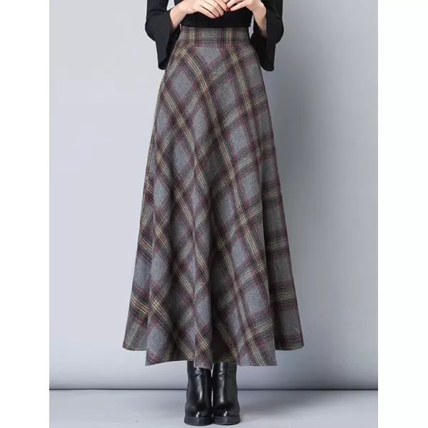 IDEALSANXUN Long Wool Plaid Skirts for Women 2023 Fall Winter A Line Flared Maxi Skirts2grey