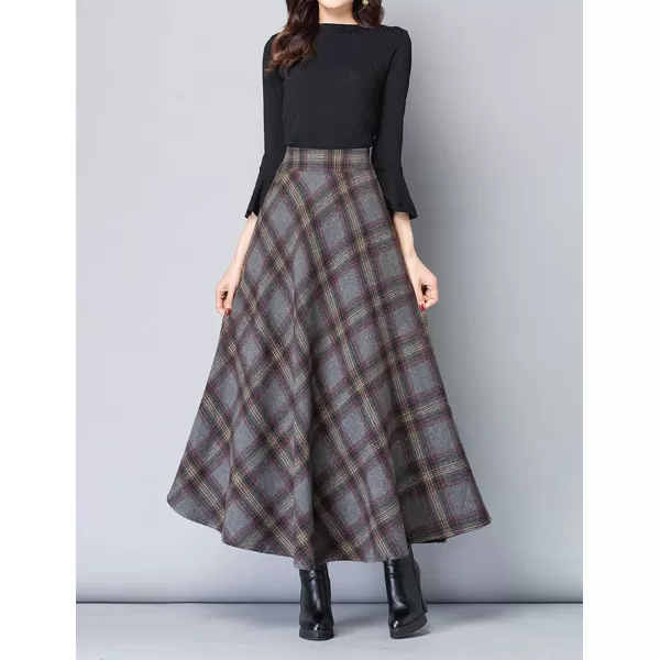 IDEALSANXUN Long Wool Plaid Skirts for Women 2023 Fall Winter A Line Flared Maxi Skirts2grey