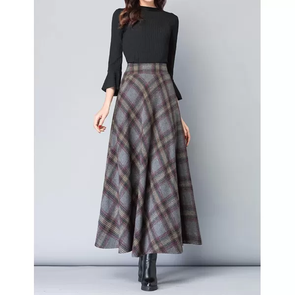 IDEALSANXUN Long Wool Plaid Skirts for Women 2023 Fall Winter A Line Flared Maxi Skirts2grey