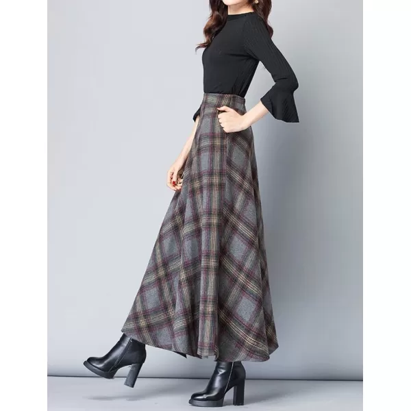 IDEALSANXUN Long Wool Plaid Skirts for Women 2023 Fall Winter A Line Flared Maxi Skirts2grey