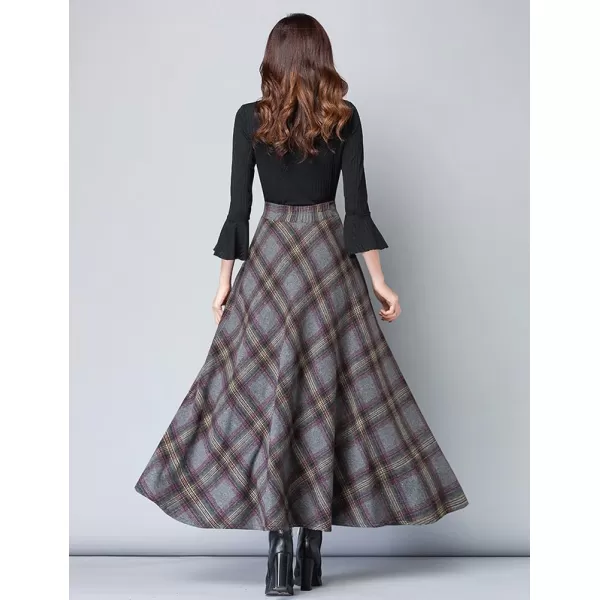IDEALSANXUN Long Wool Plaid Skirts for Women 2023 Fall Winter A Line Flared Maxi Skirts2grey
