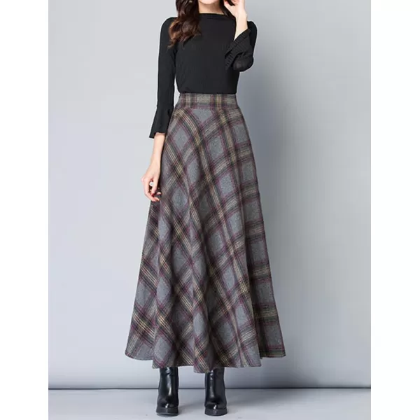 IDEALSANXUN Long Wool Plaid Skirts for Women 2023 Fall Winter A Line Flared Maxi Skirts2grey