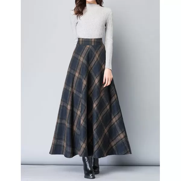 IDEALSANXUN Long Wool Plaid Skirts for Women 2023 Fall Winter A Line Flared Maxi Skirts2navy