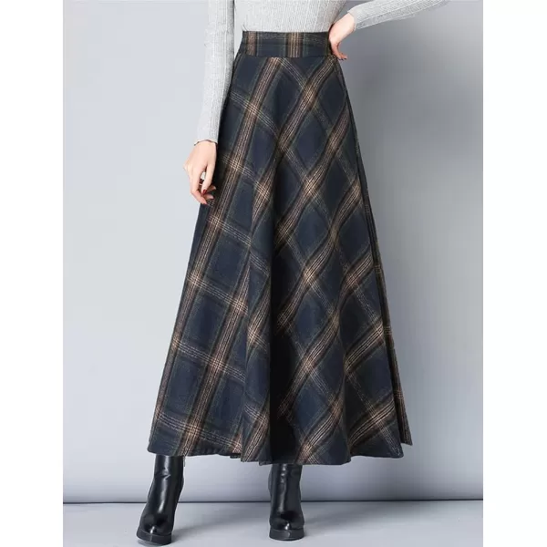 IDEALSANXUN Long Wool Plaid Skirts for Women 2023 Fall Winter A Line Flared Maxi Skirts2navy