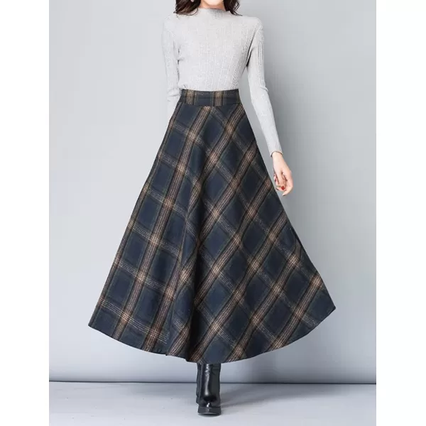 IDEALSANXUN Long Wool Plaid Skirts for Women 2023 Fall Winter A Line Flared Maxi Skirts2navy