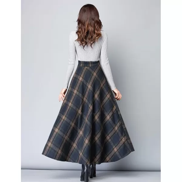 IDEALSANXUN Long Wool Plaid Skirts for Women 2023 Fall Winter A Line Flared Maxi Skirts2navy