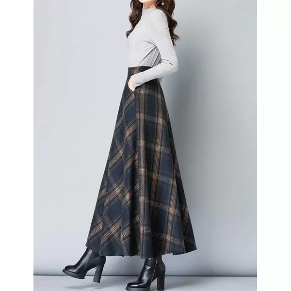 IDEALSANXUN Long Wool Plaid Skirts for Women 2023 Fall Winter A Line Flared Maxi Skirts2navy