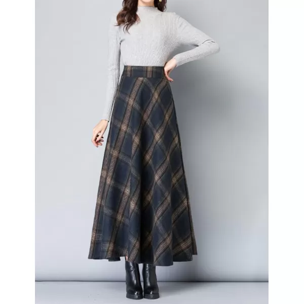 IDEALSANXUN Long Wool Plaid Skirts for Women 2023 Fall Winter A Line Flared Maxi Skirts2navy