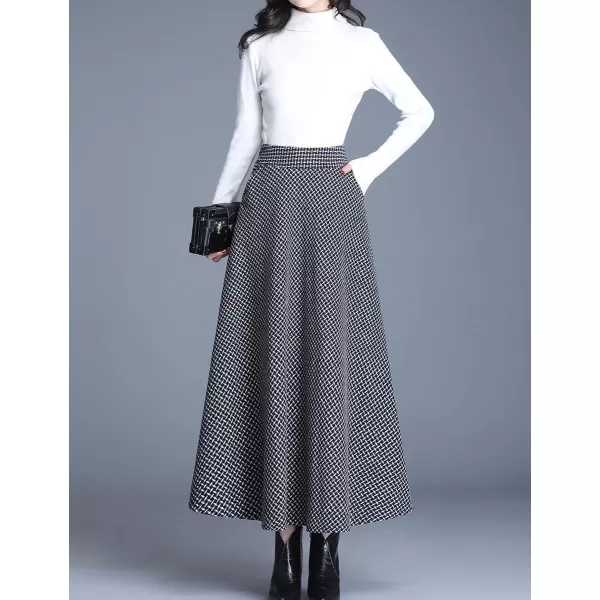 IDEALSANXUN Long Wool Plaid Skirts for Women 2023 Fall Winter A Line Flared Maxi SkirtsBlackwhite