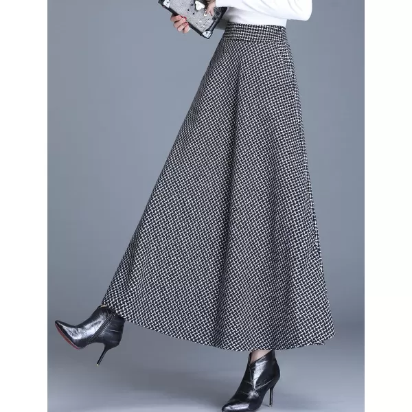 IDEALSANXUN Long Wool Plaid Skirts for Women 2023 Fall Winter A Line Flared Maxi SkirtsBlackwhite
