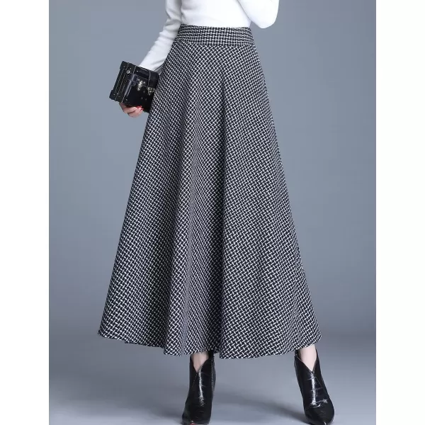 IDEALSANXUN Long Wool Plaid Skirts for Women 2023 Fall Winter A Line Flared Maxi SkirtsBlackwhite