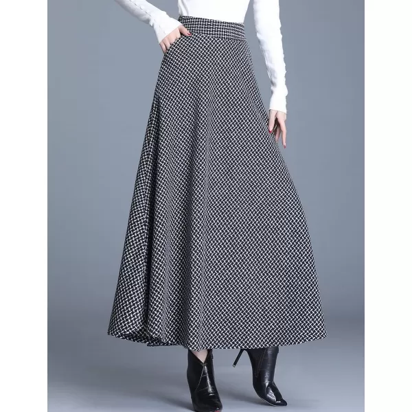 IDEALSANXUN Long Wool Plaid Skirts for Women 2023 Fall Winter A Line Flared Maxi SkirtsBlackwhite