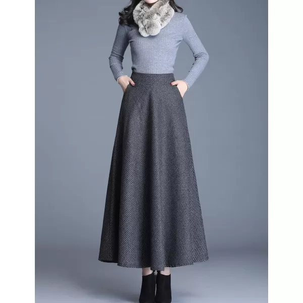 IDEALSANXUN Long Wool Plaid Skirts for Women 2023 Fall Winter A Line Flared Maxi SkirtsDark Grey