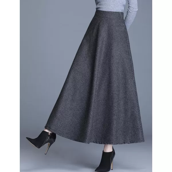 IDEALSANXUN Long Wool Plaid Skirts for Women 2023 Fall Winter A Line Flared Maxi SkirtsDark Grey