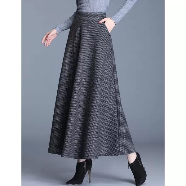 IDEALSANXUN Long Wool Plaid Skirts for Women 2023 Fall Winter A Line Flared Maxi SkirtsDark Grey