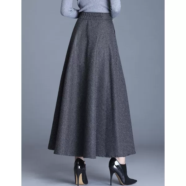 IDEALSANXUN Long Wool Plaid Skirts for Women 2023 Fall Winter A Line Flared Maxi SkirtsDark Grey
