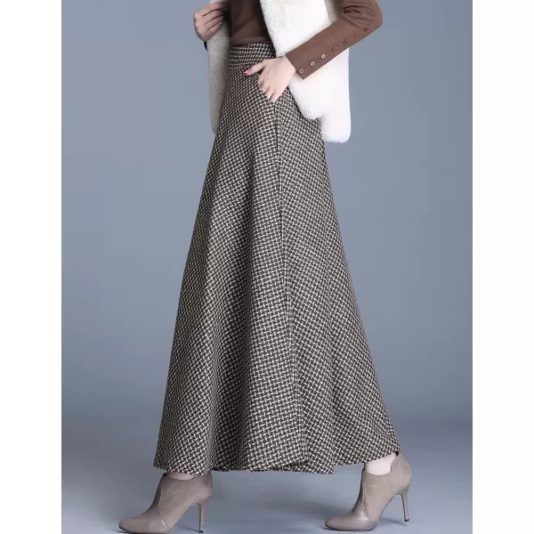 IDEALSANXUN Long Wool Plaid Skirts for Women 2023 Fall Winter A Line Flared Maxi SkirtsKhaki