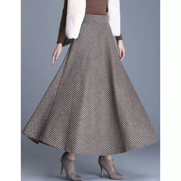 IDEALSANXUN Long Wool Plaid Skirts for Women 2023 Fall Winter A Line Flared Maxi SkirtsKhaki