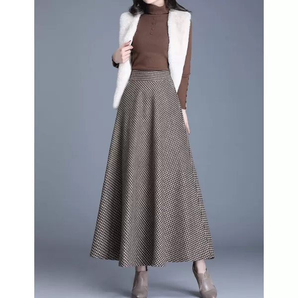 IDEALSANXUN Long Wool Plaid Skirts for Women 2023 Fall Winter A Line Flared Maxi SkirtsKhaki