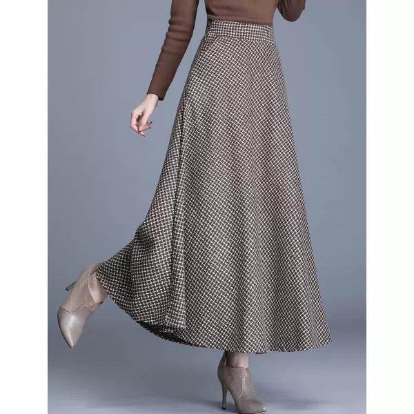 IDEALSANXUN Long Wool Plaid Skirts for Women 2023 Fall Winter A Line Flared Maxi SkirtsKhaki