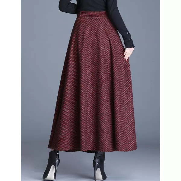 IDEALSANXUN Long Wool Plaid Skirts for Women 2023 Fall Winter A Line Flared Maxi SkirtsWine