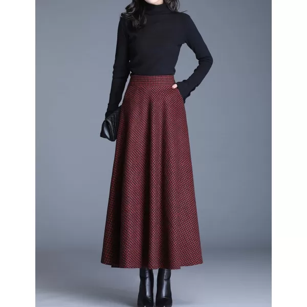 IDEALSANXUN Long Wool Plaid Skirts for Women 2023 Fall Winter A Line Flared Maxi SkirtsWine