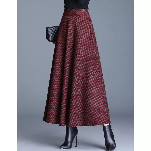 IDEALSANXUN Long Wool Plaid Skirts for Women 2023 Fall Winter A Line Flared Maxi SkirtsWine