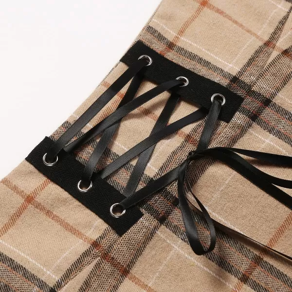 IDEALSANXUN Plaid Mini Skirt for Women High Waisted A Line Asymmetrical Lace Up Short Goth SkirtKhaki