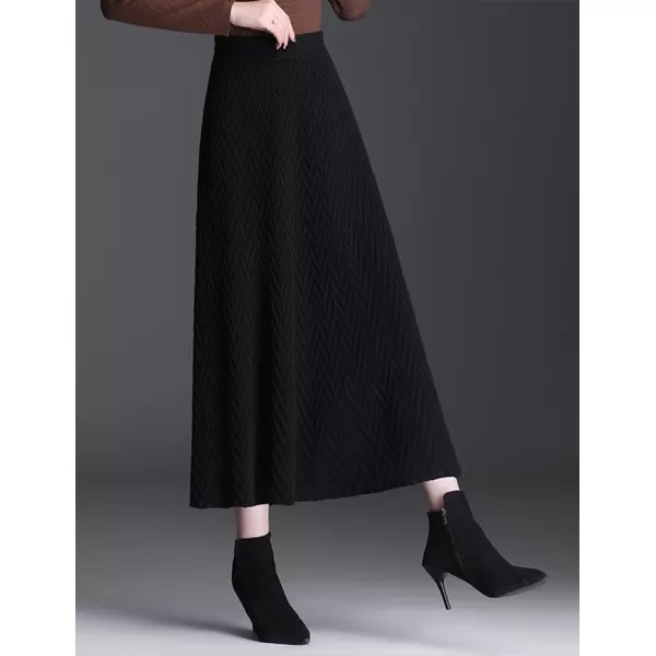 IDEALSANXUN Ruffle Midi Skirts for Women High Waisted A Line Vintage Fall Winter 2023 Trendy Knit Long SkirtBlack