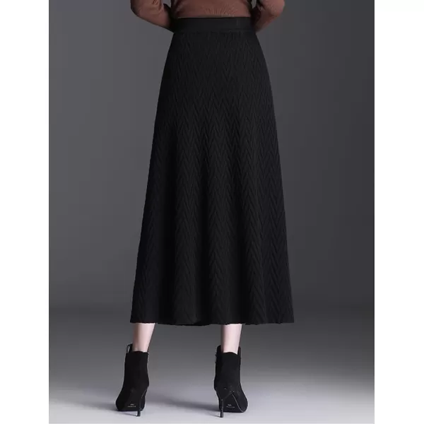 IDEALSANXUN Ruffle Midi Skirts for Women High Waisted A Line Vintage Fall Winter 2023 Trendy Knit Long SkirtBlack