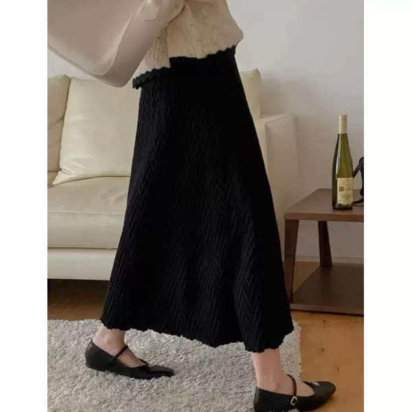 IDEALSANXUN Ruffle Midi Skirts for Women High Waisted A Line Vintage Fall Winter 2023 Trendy Knit Long SkirtBlack