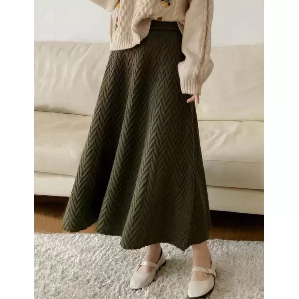 IDEALSANXUN Ruffle Midi Skirts for Women High Waisted A Line Vintage Fall Winter 2023 Trendy Knit Long SkirtDark Green