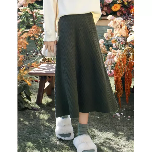 IDEALSANXUN Ruffle Midi Skirts for Women High Waisted A Line Vintage Fall Winter 2023 Trendy Knit Long SkirtDark Green